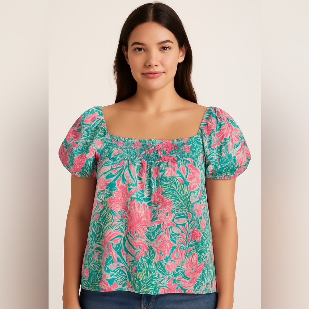 Lilly Pulitzer Pink and Green Ruffled Puff Sleeve Blouse